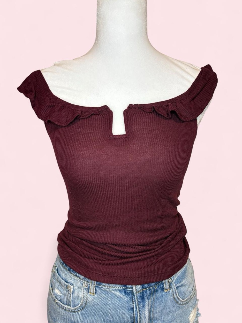 Ribbed Off-Shoulder Ruffle Top - Burgundy